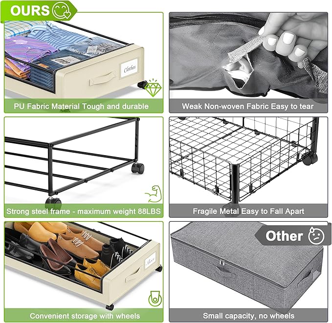 YAASHEEN Under Bed Storage with Wheels, Under the Bed Storage Containers with Clear Lids & Label, Underbed Storage Bins, XXL 60L Rolling Metal Drawer for Clothes, Shoes, Toys, Books (4-Pack Beige)