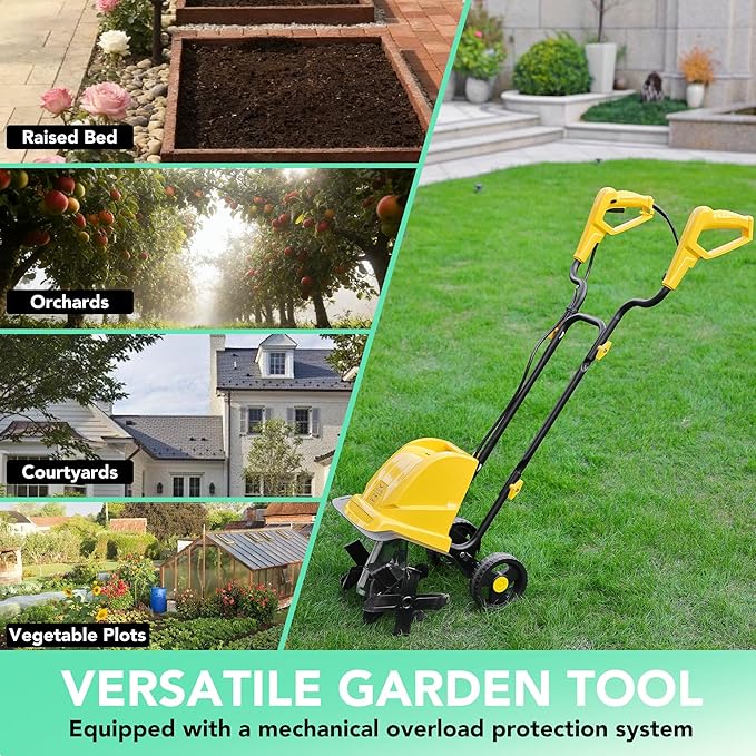 Electric Tiller/Cultivator 4 Steel Tines, Garden Roto Tillers for Gardening, 15Amp 12 Inch Corded Rototiller with Adjustable Wheels