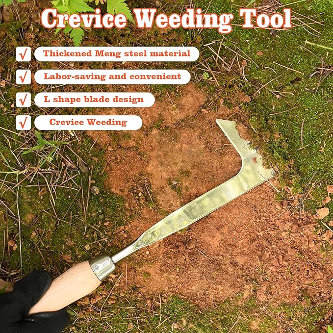 3-Sided Crevice Weeder - 12.6" Stainless Steel Garden Weeding Tool with Beech Handle, L-Shaped Crevice Weeder Sickle for Garden Lawn, Yard Patio Terrace, Paving Gaps