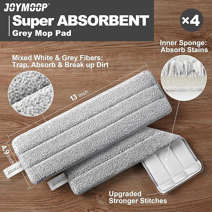 JOYMOOP Microfiber Flat Mop Pads, Washable Replacement Refills for Mop Bucket Set, 13 Inch, Pack of 4, Grey