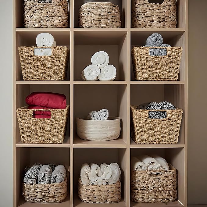 Casafield Set of 4 Seagrass Storage Baskets with Handles - Natural, Woven Rectangular Storage Bins for Shelves, Blankets, Laundry Organization