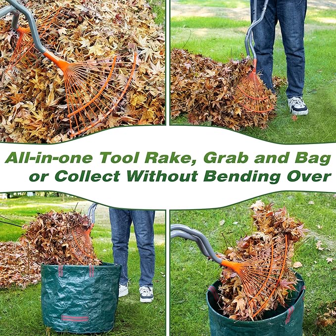 Walensee Leaf Grabber Rake with Long Steel Handle, Heavy Duty Leaf Picker Upper & Garden Claw, Multi-Use Leaves Scoop and Hands Rake for Lawn & Yard Shrub Cleanup