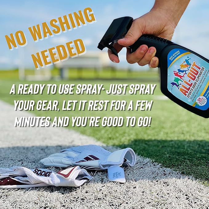 All-Out Sports Odor Eliminator Spray & Deodorizer | Perfect for Smelly Gloves, Hat, Bags, Helmets, Jerseys, Pads, Gear, Shoe & All Other Odors.| Best Formula | 24 oz Spray Bottle (AO503) | Fresh Scent