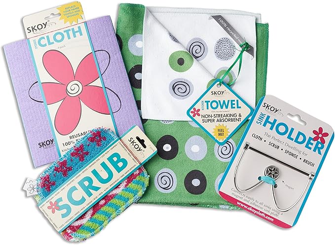 Skoy Cloth - 2-Pack Eco-Friendly & Reusable Swedish Dishcloth, for Kitchen & Household Use, Plastic-Free Packaging, Dishwasher Safe, Designer Series – Dots/Abstract, White Cloth