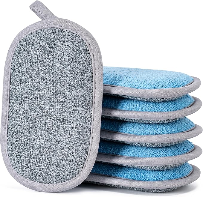 Dual-Sided Multi-Purpose Scrub Sponges, Non-Scratch Dishwashing Sponges for Kitchen, Reusable Microfiber Sponge for Efficiently Cleaning Dishes, High Density Sponge Inside (6 Pack, Large) Gray-Blue