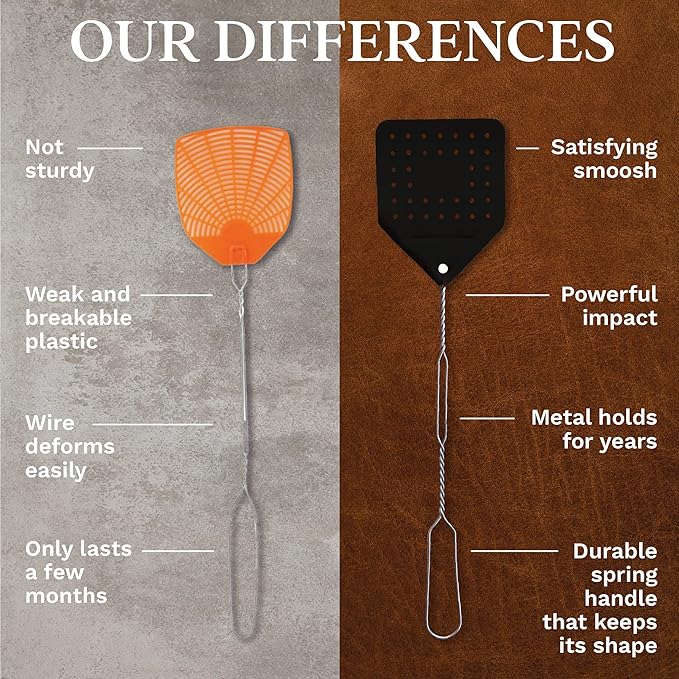 Leather Fly Swatter Set (3 Pack) – 17” Amish-Made Fly Swat w/Real Leather Paddle – Fly Swatters Multi Pack w/Metal Handle – Bug Swatter, Mosquito Swatter, Wasp Swatter (Black)