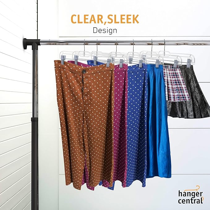Hanger Central Premium 14 Inch Clear Pants Hangers with Adjustable Clips - 25 Pack Space-Saving Skirt Hangers - Non-Slip Heavy Duty Plastic Closet Organizers with 360° Swivel Hook