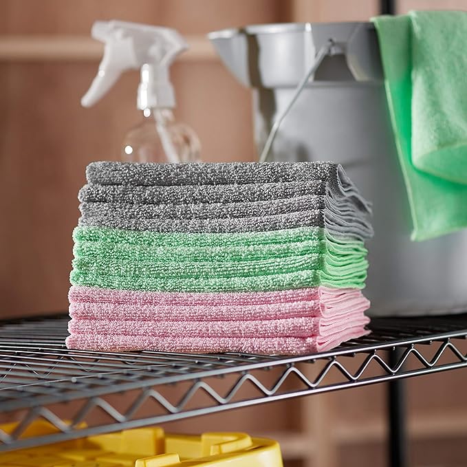 Amazon Basics Microfiber Cleaning Cloths, Ultra-Soft and Highly Absorbent, Streak-Free, Lint-Free, Scratch-Free, Washable, for Car Detailing and Glass Cleaning, 16" x 12", Green/Gray/Pink, 24-Pack