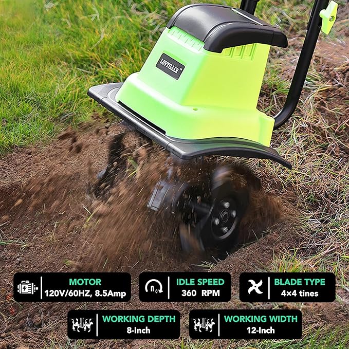 12 Inch Small Electric Corded Garden Tiller Cultivator 8.5 AMP Power Rototiller for Gardening
