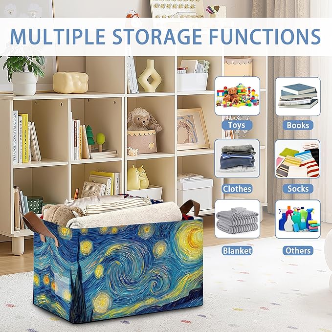 Starry Night Moon Storage Basket with Handles,Collapsible Rectangle Organizer Bin for Room Decoration Books Box Baskets 17x11.5x10Inch