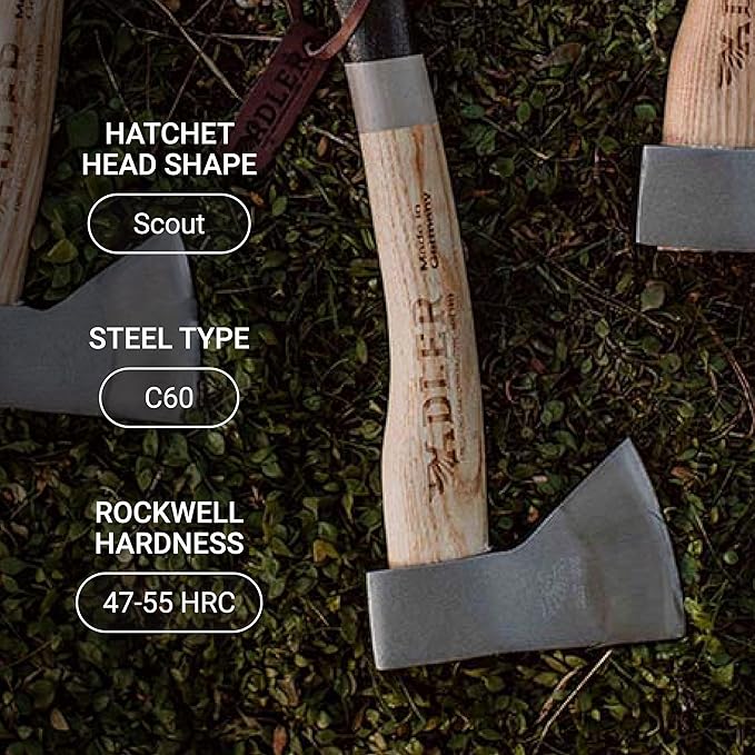 Adler Scout Camping Hatchet with Leather Sheath - German Forged, 11.8" Hickory Handle, Compact Small Hatchet for Hiking, Bushcraft, Camping, Hunting, Backpacking