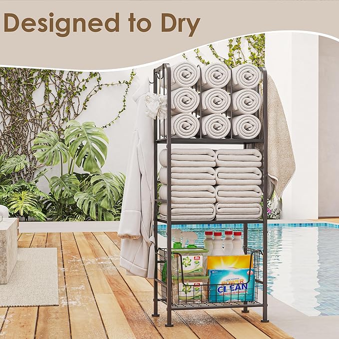 Towel Racks for Bathroom 3-Tier, Durable Metal Towel Rack Stand, Pool Items Holder, M-Shaped Detachable Dividers for Towel Storage, Space-Saving Storage Organizer Black, Patent Pending