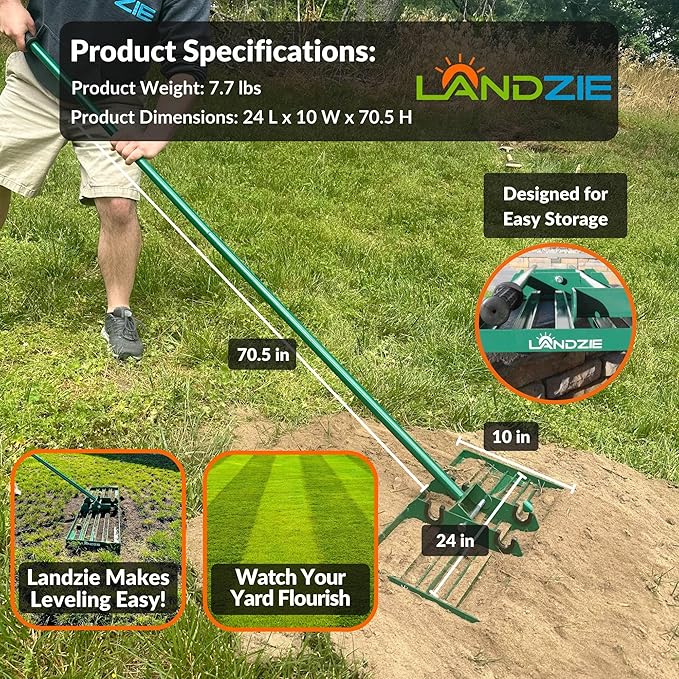 LANDZIE - The Original Lawn Leveling Rake – 24" Steel Handle Yard Leveler, Lawn Level Tool for Creating a Flat Surface - Works for Soil, Dirt, Topdressing, and Ground