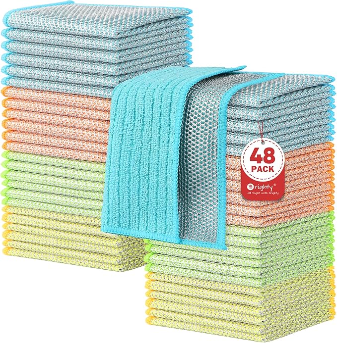 Orighty Multipurpose Wire Dishwashing Rag, 48 Pcs Upgraded Double-Layer Non-Scratch Wire Dish Cloths, Reusable Steel Scrubber Dishcloth Rags for Kitchen, Cookware, 7"x8", Multicolor
