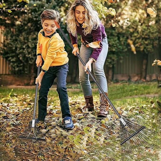 46 HRC Steel Gardening Leaf Rake, 22 Tines 22.8" Wide,Adjustable Split Long Handle 33-67",Suitable for Raking Leaves and Lawn Tidying,Garden rake and thatch rake Suitable for Adults