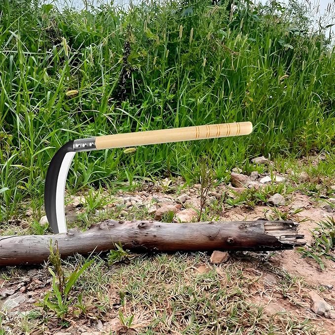 Carbon Steel Grass Sickle with Wood Handle, Gardening Weeding Weeder, Garden Hand Tool, Farming Weed Remover, Scythe Blade Cutter, Manual Mowing Blade Cutter, Thick Blade Quick Work