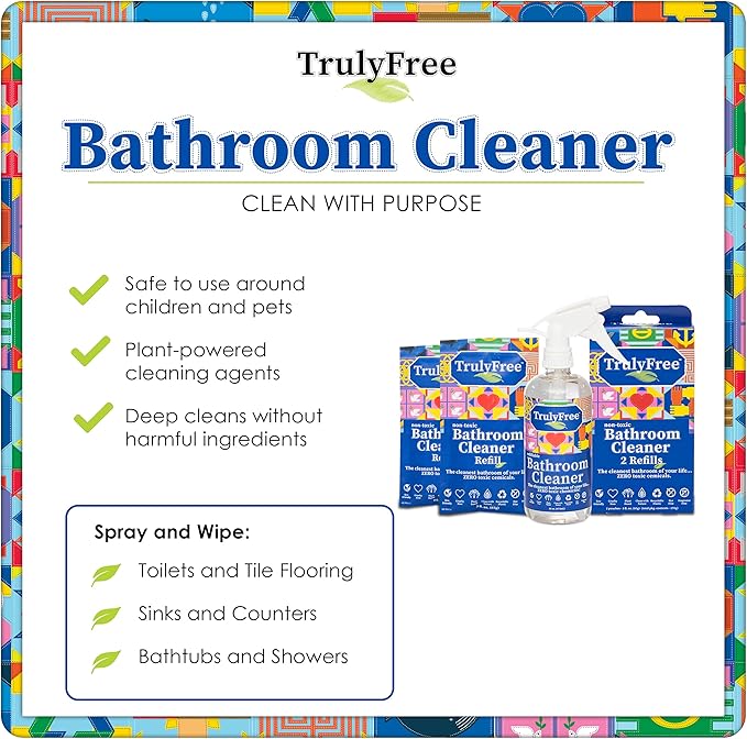 Truly Free All Natural Non-Toxic Bathroom Cleaner Spray, Organic Bath & Tile Cleaning Solution for Toilet, Sink, Tub & Shower, Refillable 2-Pack with 16oz Bottle + 2 Refill Pouches