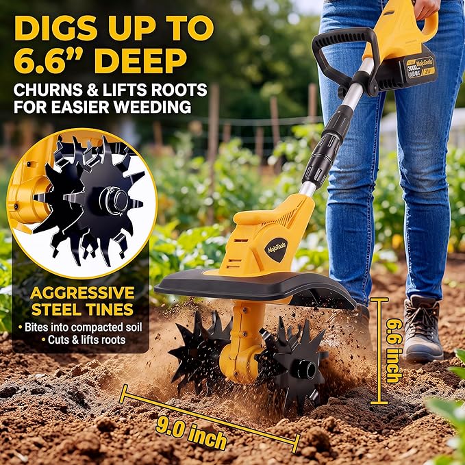 21V Cordless Tiller Cultivator, Compatible with Makita 18V Batteries, Battery Powered Garden Tiller with 2 Lithium-Ion Batteries for Flower Beds (Yellow Tiller + 2 Batteries)