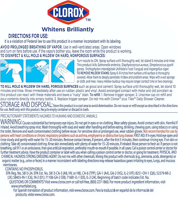 Clorox Plus Tilex Mold and Mildew Remover with Bleach, Spray Bottle, 32 Fluid Ounces, Unscented, Pack of 3