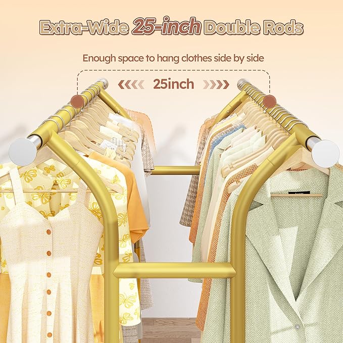 Raybee 74" W Clothes Rack Load 630 LBS, Clothing Racks for Hanging Clothes, Adjustable Heavy Duty Clothes Rack, Double Rods Metal Garment Rack for Bedroom Wardorbe Closet Living Room
