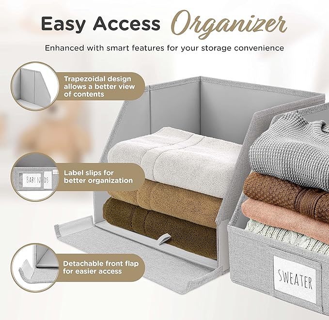 Trapezoid Closet Bins for Shelves – 12x12x10 Fabric Storage Baskets, Closet Organizers Bins, Open Front Fabric Baskets, Collapsible Organizer Boxes for Clothes, Linen – Light Gray, 3 Pack