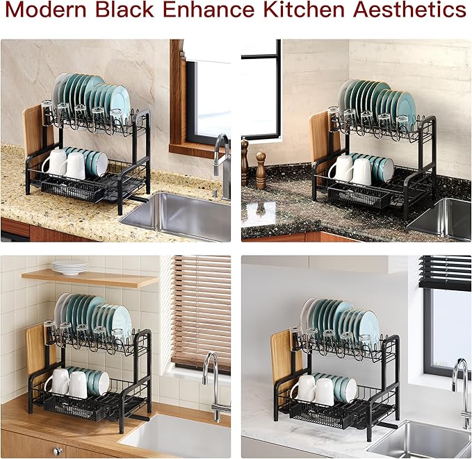 2 Tier Dish Drainers Drying Rack for Kitchen Counter Large Stainless Steel Dishes Drain with Drainboard, Space Saving, Big Modern Black Countertop Metal Plates Dryer Strainer Holder and Extra Tray