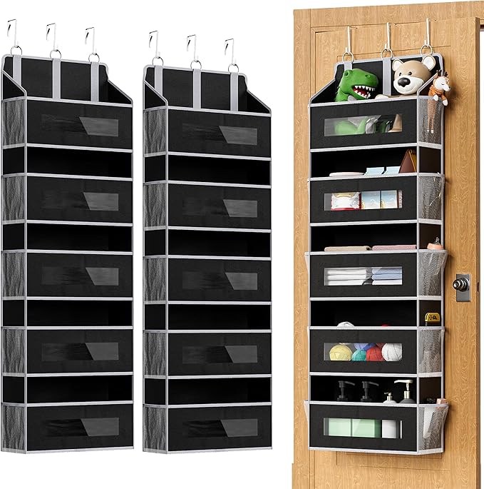 5 Tier Over The Door Organizer - Large Capacity Behind Door Hanging Shelves with 10 Mesh Pockets and Clear Windows, Closet Organizers and Storage for Bathroom, Bedroom, Nursery, 2 Pcak Black