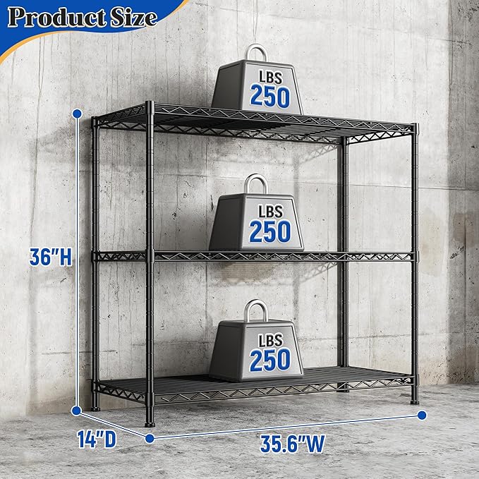 3- Shelf Metal Shelving Unit 35.6Wx14Dx36H,Adjustable Storage Shelves Heavy Duty Garage Steel Shelving for Office,Wire Rack Small Shelf for Kitchen Shelves Laundry Bathroom Pantry Closet Black,2pc