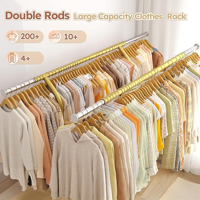 Raybee 74" W Clothes Rack Load 630 LBS, Clothing Racks for Hanging Clothes, Adjustable Heavy Duty Clothes Rack, Double Rods Metal Garment Rack for Bedroom Wardorbe Closet Living Room