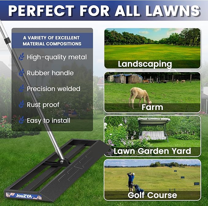 Lawn Leveling Rake 30x10 inch, Lawn Leveler Tool with Stainless Steel, 80" Extended Handle, Heavy-Duty for Garden, Golf Course, and Farm
