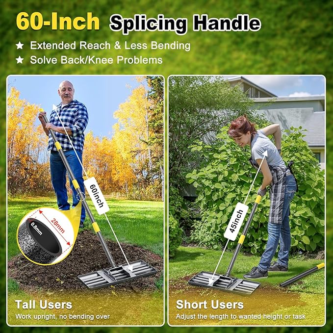 Lawn Leveling Rake: Anti Flipping 17" x 10" Stainless Steel Lawn Ground Leveler for Soil, Heavy Duty Grass Top Soil Dressing Leveling Rake, Home Lawn,Golf Field,Yard Landscaping Tool, 60” Long Handle