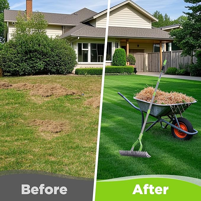 WORKPRO Thatch Rake, 15-Inch Thatching Rake for Lawns, Heavy Duty Dethatcher Rakes with 5FT Handle, Dethatching Rakes with Adjustable Head for Removing Dead Grass and Clippings, Loosening Soil
