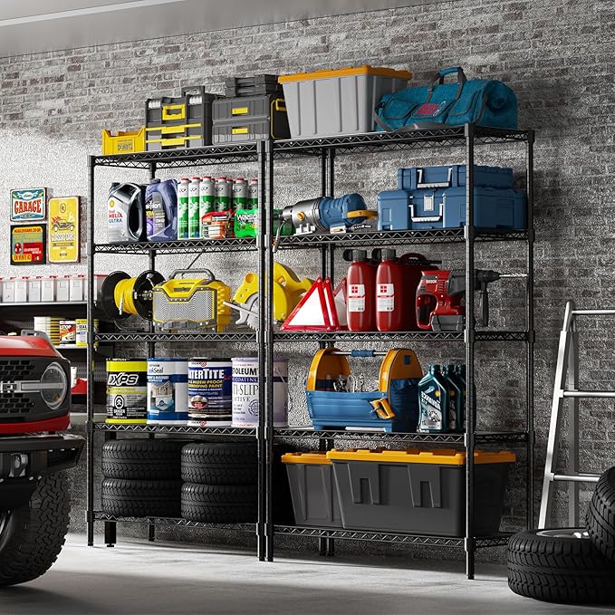 45" W Storage Shelves 5 Tier Wire Shelving, Adjustable Metal Shelving Unit with Shelf Liners, 1875LBS Heavy Duty Storage Rack for Garage Pantry Kitchen Commercial, 45" W x 16" D x 72" H, Black