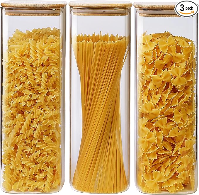 HomArtist Square Glass Jars with Bamboo Lids 79 FL OZ [Set of 3], Glass Canisters with Airtight Lid, Glass Food Storage Containers for Spaghetti, Fettuccine, Linguine,Pasta, Best for Kitchen & Pantry
