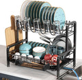 2 Tier Dish Drainers Drying Rack for Kitchen Counter Large Stainless Steel Dishes Drain with Drainboard, Space Saving, Big Modern Black Countertop Metal Plates Dryer Strainer Holder and Extra Tray