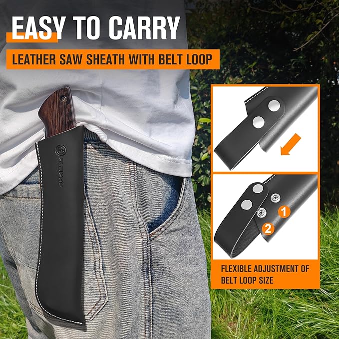 Folding Pruning Saw 10 Inch with Leather Sheath and Wenge Wooden Handle, SK5 Steel Blade, Foldable Hand Saw for Camping, Survival, Wood Cutting, Bushcraft and Tree Trimming