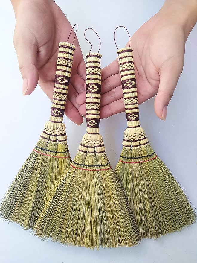 Small Corn Wisk Brush Broom 11 Inch Blue, Red Flagged Indoor Heavy Duty Multi Surface Hard & Soft Floor 100% Handmade(Blue), AW038-AW0038, length 11 Inch, wide 4.5 inch,