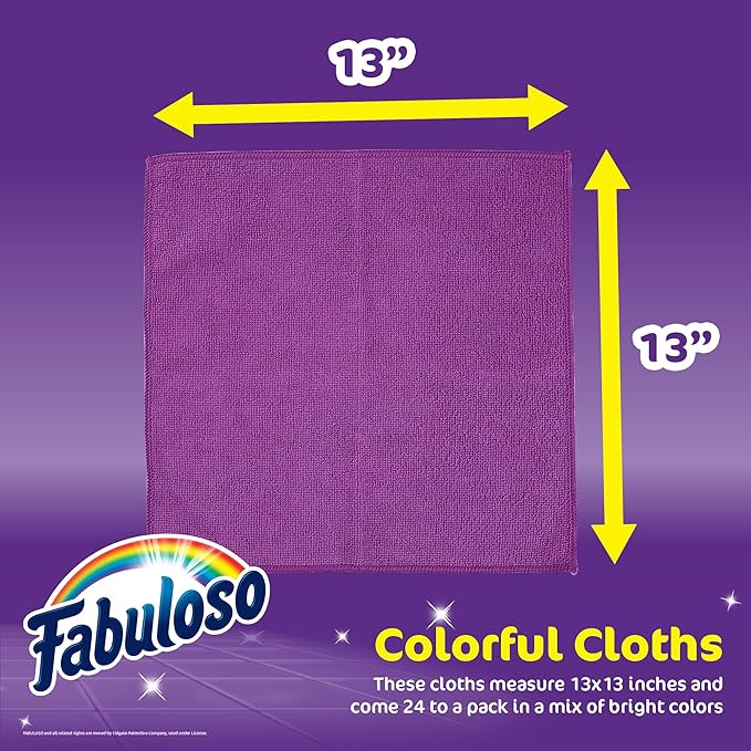 Fabuloso Microfiber Cleaning Cloths for Home & Car, Lint-Free Scratch-Free Rags for Glass, Kitchen & Wood, Reusable Machine Washable, Absorbent for Dusting & Wiping, Rainbow, 13 x 13 in, 24 Count
