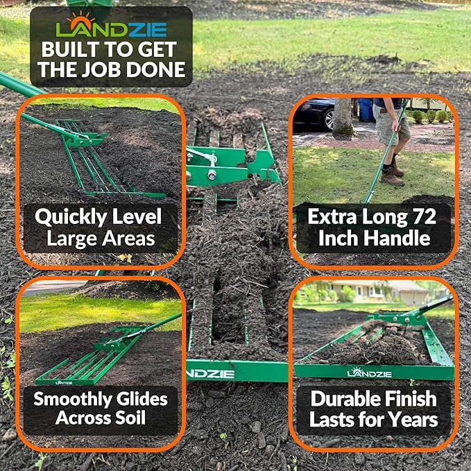 Landzie AeroLeveler - The Lawn Leveling Rake That Never Flips - Patented 48" inch Wide Pneumatic Lawn Level for Yard, Dirt, Soil, Sand, Provides Stability and Control (Pneumatic 48" Leveling rake)
