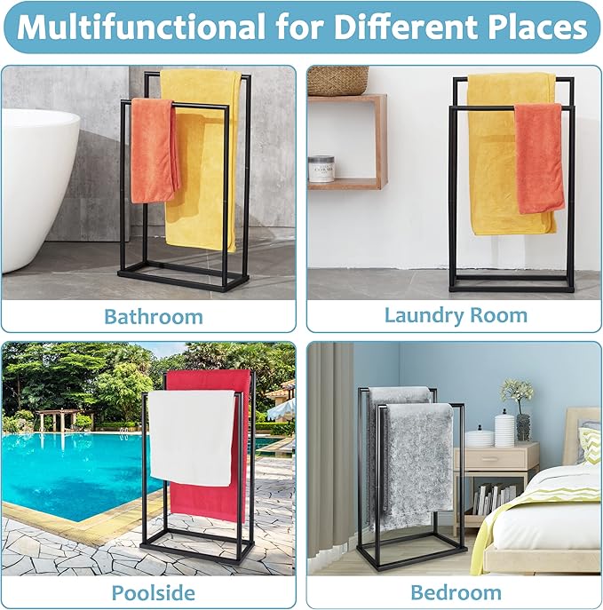 Free Standing Towel Rack, 2 Tier Towel Racks for Bathroom with Storage Shelves, Modern Outdoor Standing Towel Drying Rack for Poolside, Black Blanket Rack Holder, DECLUTTR