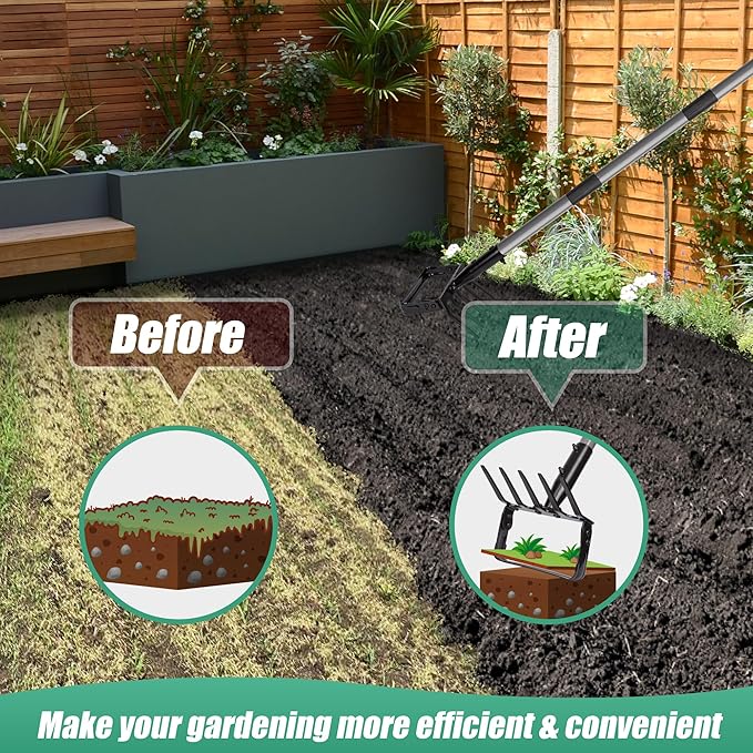 Suchtale 82 Inch Stirrup Hoe and 5-Tines Rake, Action Hoe for Weeding, 2 in 1 Scuffle Hoe with 37-82" Adjustable Handle, Cultivator for Loosening Soil, Loop Hoe for Garden Weeding and Planting