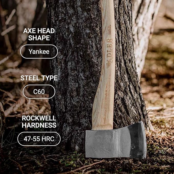 Adler Yankee Axe - German Forester's Axe with Leather Sheath, 3.5 lb Head, Anti-Slip 31.5" Hickory Handle with Red Stripe