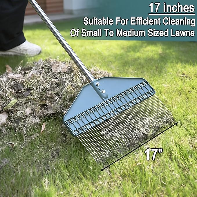 Thatch Rake 66-Inch Adjustable Handle Dethatcher Rake,17-Inch Wide Leaf Rakes, Suitable for Gardens, Yards, Lawns, Used for Cleaning Dead Grass, Thatch, Leaves, Pine Needles, Branches