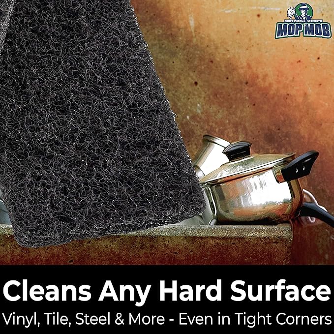 Heavy Duty XL Black Scouring Pad 2 Pack. 10 x 4.5in Large Multipurpose Nylon Scrubbing Sponges. Clean Bathrooms, Kitchens, Counters and Floors to Erase Grime and Make Surfaces Sparkle