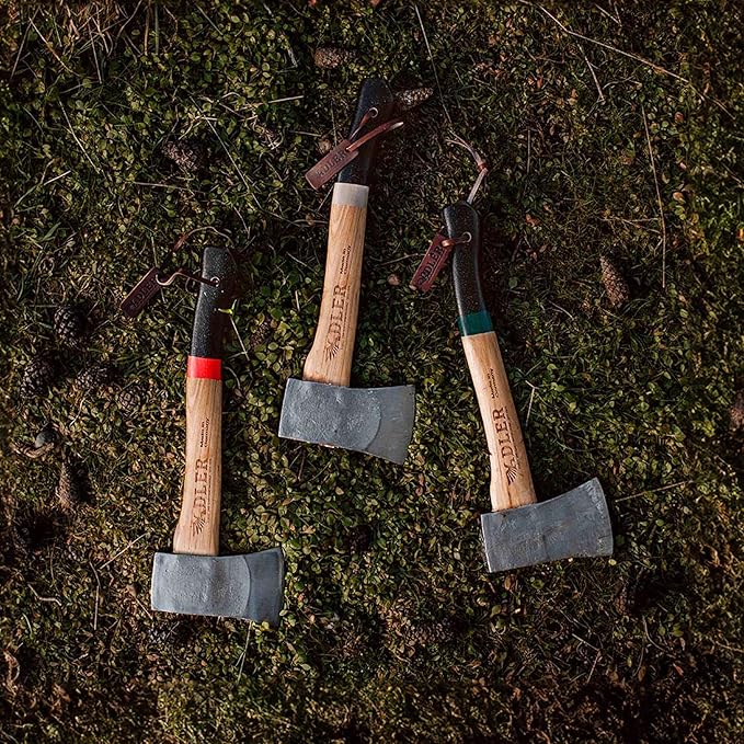Adler Yankee Hatchet - German made with a 15 inch handle coated in anti-slip black grip paint - 1.5 pound head weight. Spanish leather sheath and cotton storage bag included