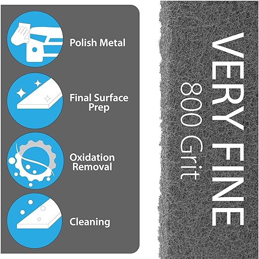 6" X 9" Non-Woven Grey Scuff Pads for Paint Prep, Very Fine Finishing Pads for Wood, Metal, Smoothing Surfaces Before Final Finish, Oxidation Removal, Restore Shine - 800 Grit - 10 Pack (Gray)