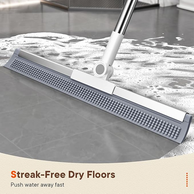 Floor Squeegee for Concrete Floors, 180° Rotating Silicone Broom, Squeegee for Floor with Long Handle and Dual-Sided Blade Design, Water and Pet Hair Remover for Bathroom Floors, Tile, Deck and Glass