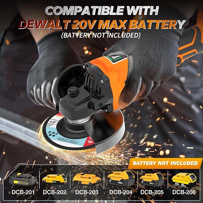 Cordless Angle Grinder Power Tools, Compatible with Dewalt 20V Max Battery Grinder Tool, Brushless Motor with LED, 3 Variable Speed, 4-1/2" Cutting Whee, Flap Disc Grinding (No Battery), Orange