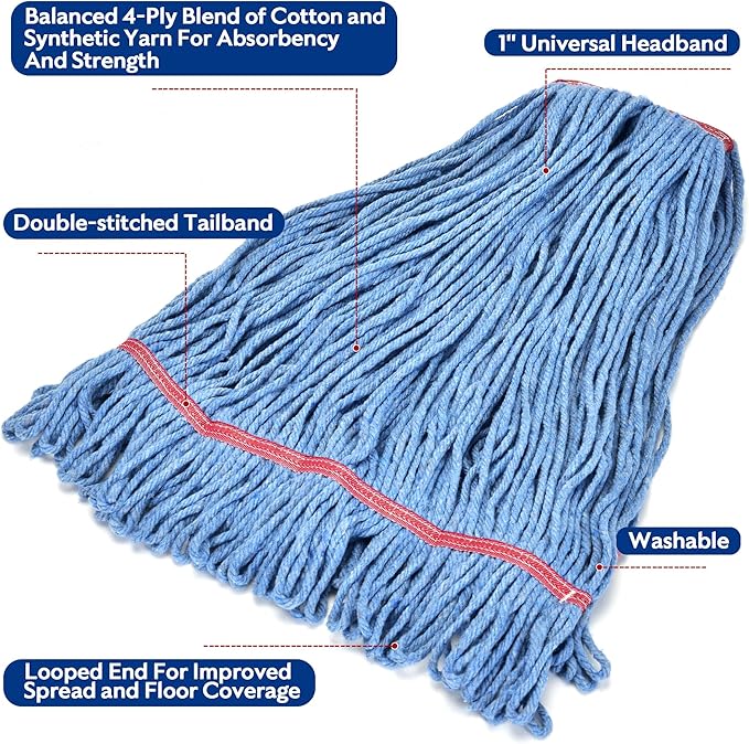 Matthew Cleaning 20oz Heavy Duty Mop Head Commercial Replacement for General and Floor Cleaning, Wet Industrial Blue Cotton Looped End String Head Refill (Pack of 6) Blue