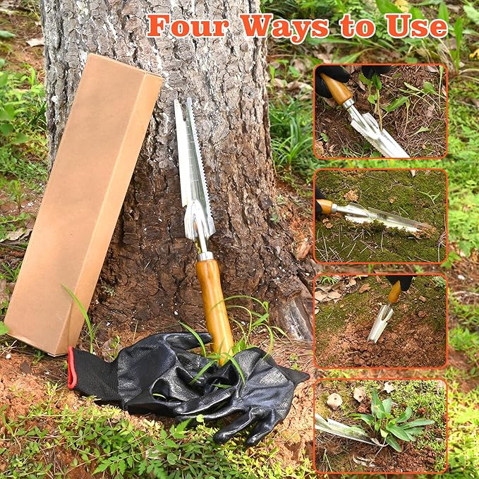 5-in-1 Stainless Steel Hand Weeder Puller Tool & Dandelion Fork Knife - Hand Weed Removal Tool for Weeding, Planting, Transplanting, Soil Cultivating & Flower Care（13.8-inches